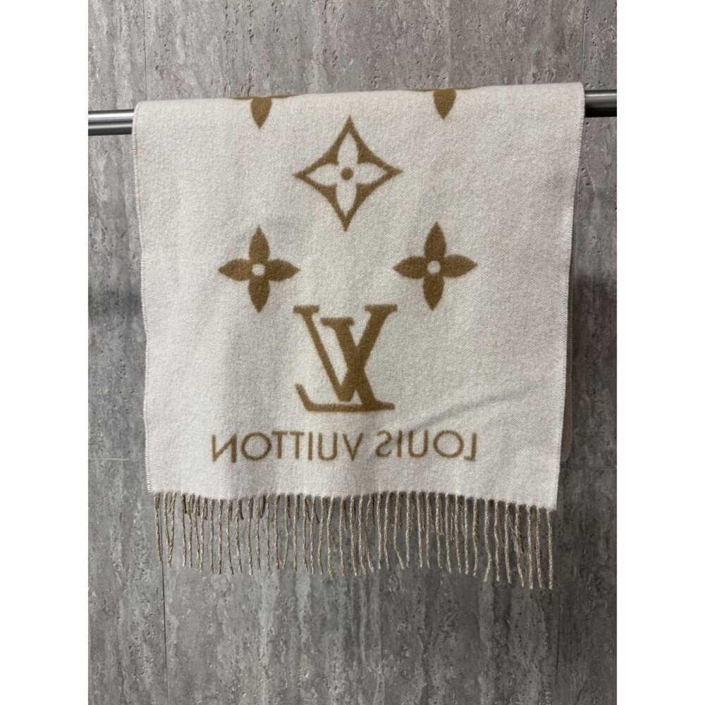 LOUIS VUITTON Monogram Reversible 100% Cashmere Scarf In Cream & Caramel Made In - Picture 5 of 8